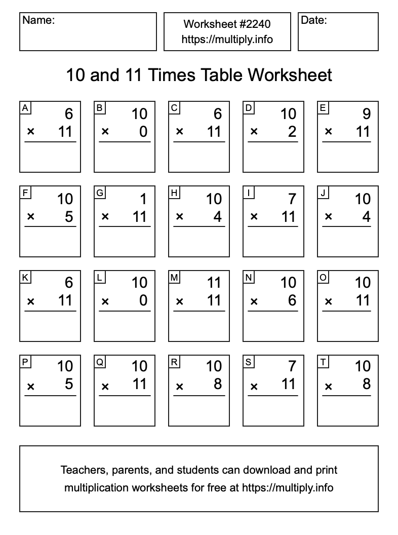 10 and 11 Times Table Worksheet #2240