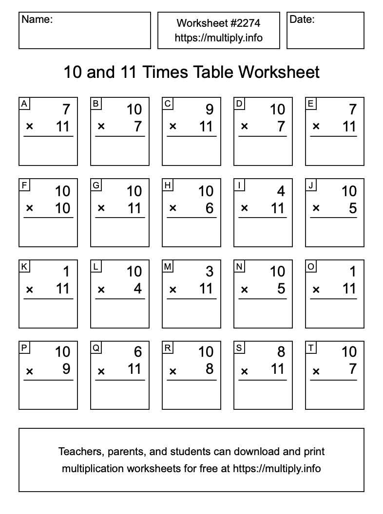 10 and 11 Times Table Worksheet #2274