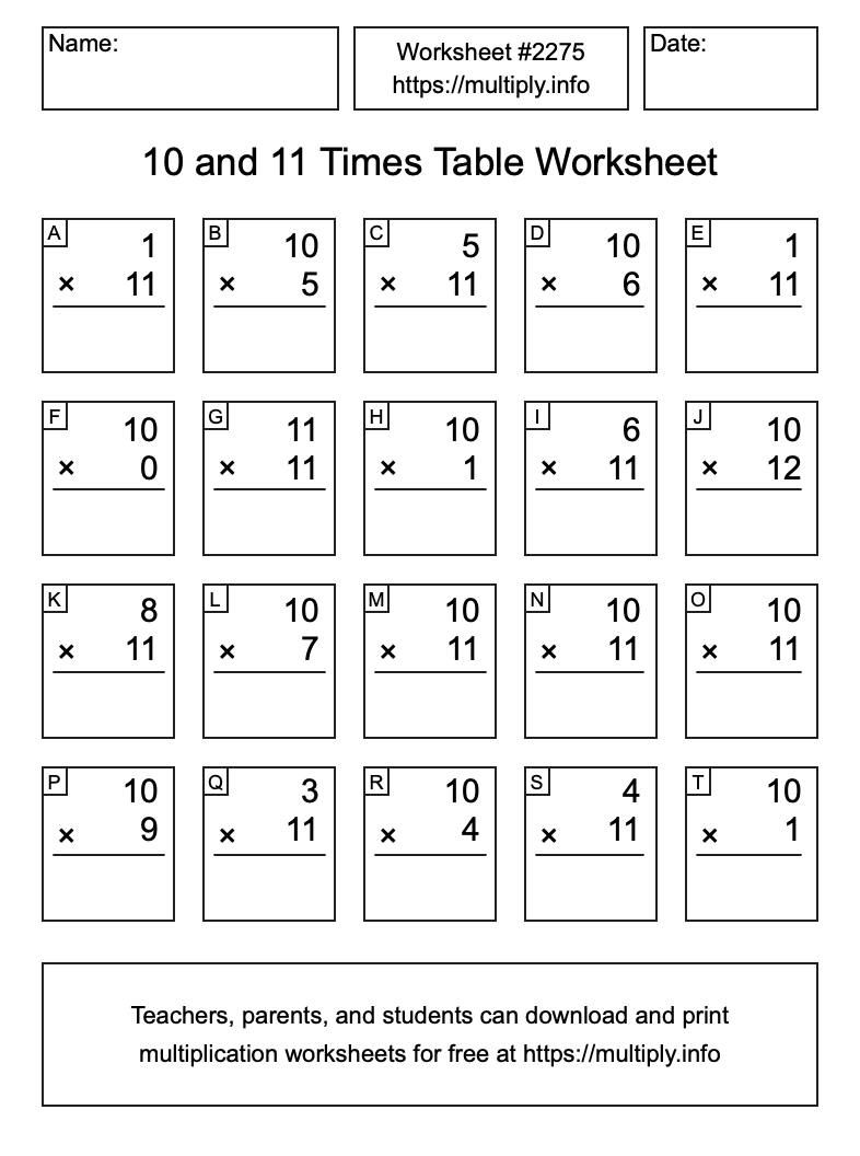 10 and 11 Times Table Worksheet #2275
