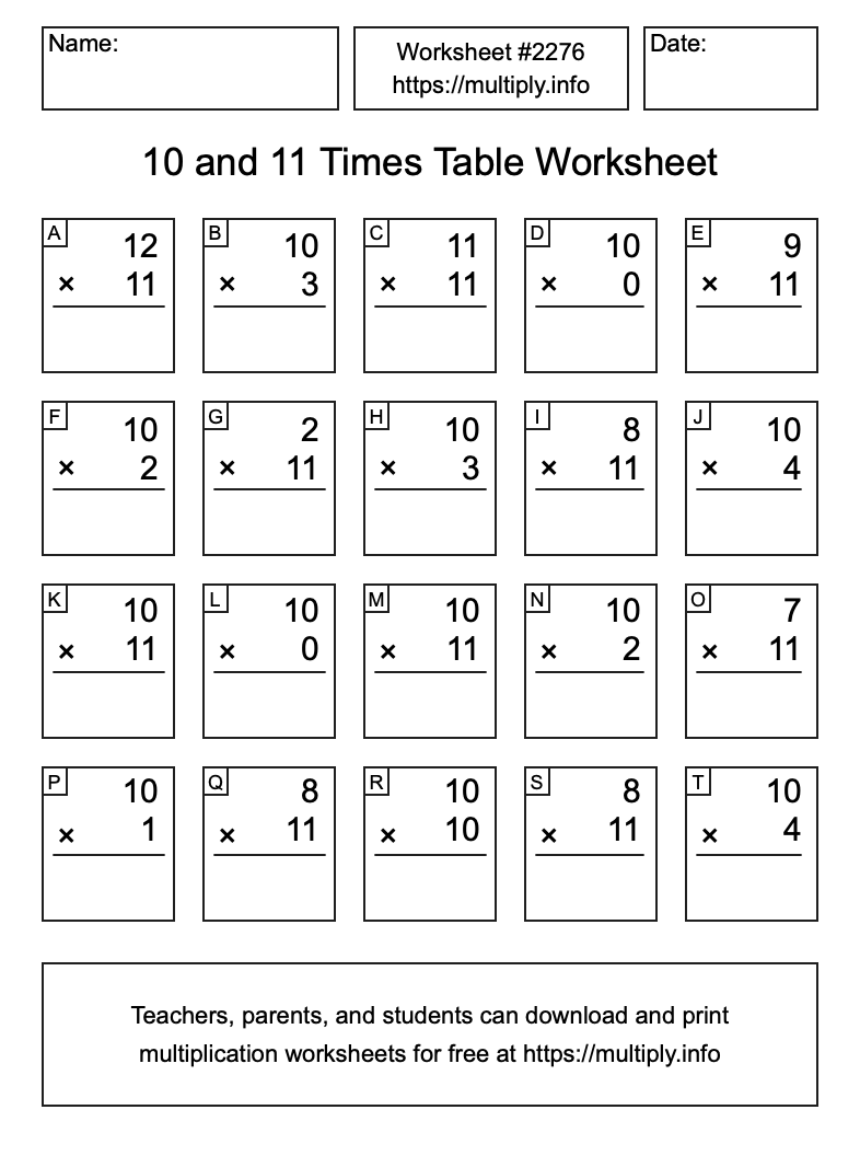 10 and 11 Times Table Worksheet #2276