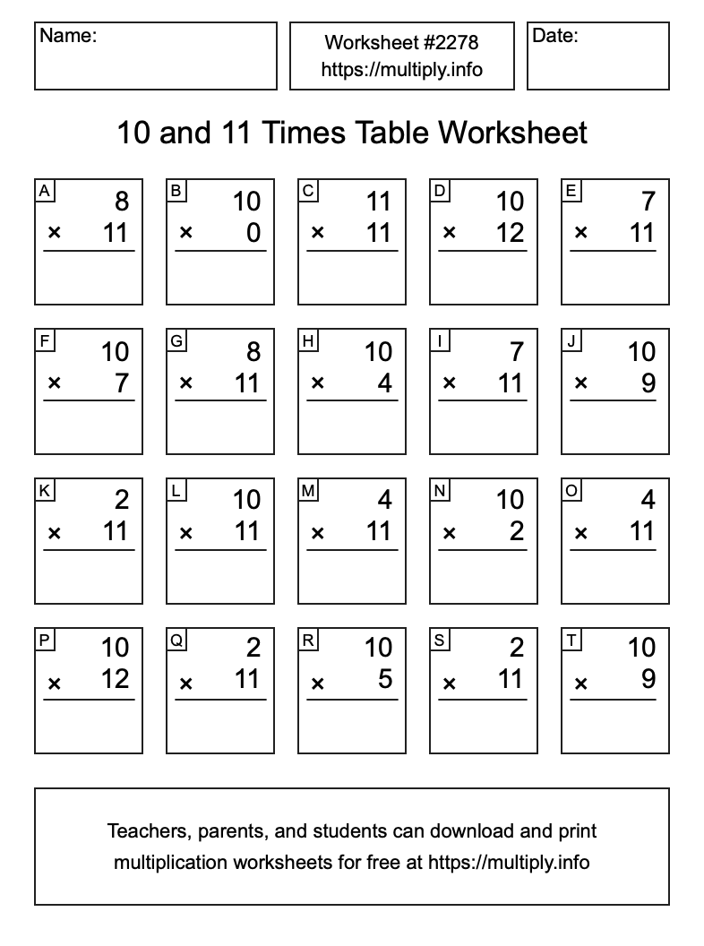 10 and 11 Times Table Worksheet #2278
