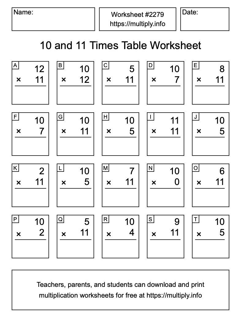 10 and 11 Times Table Worksheet #2279