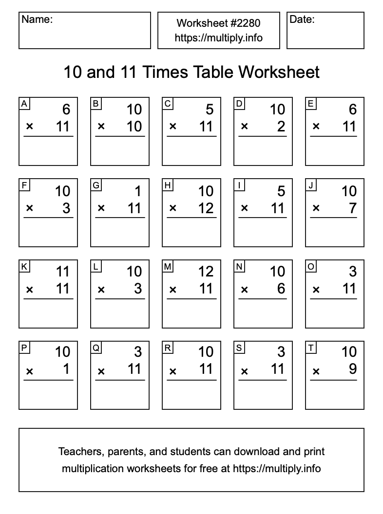 10 and 11 Times Table Worksheet #2280