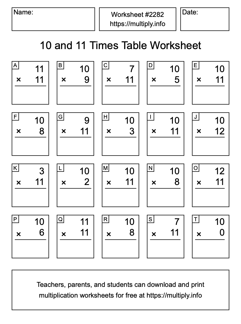 10 and 11 Times Table Worksheet #2282