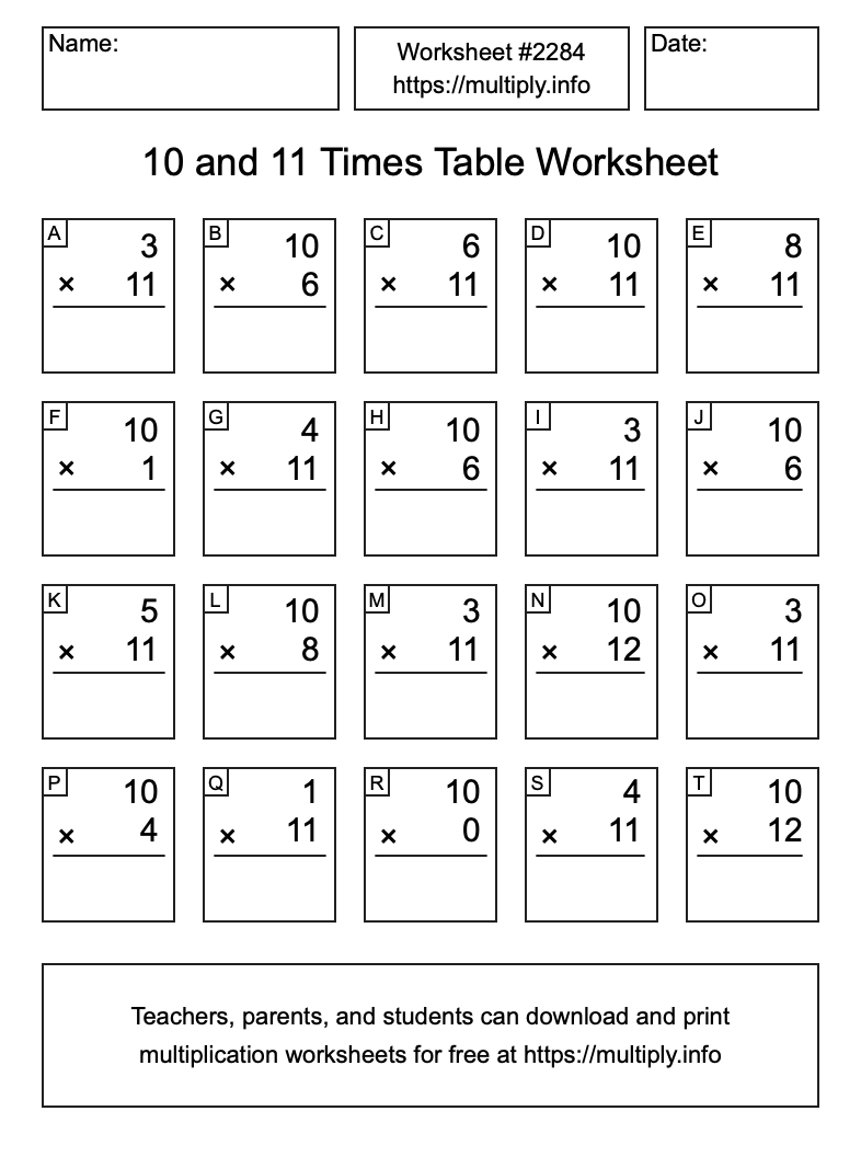 10 and 11 Times Table Worksheet #2284