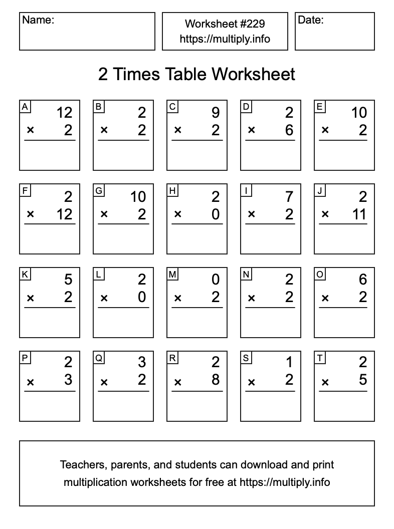 2 Times Table Worksheet #229