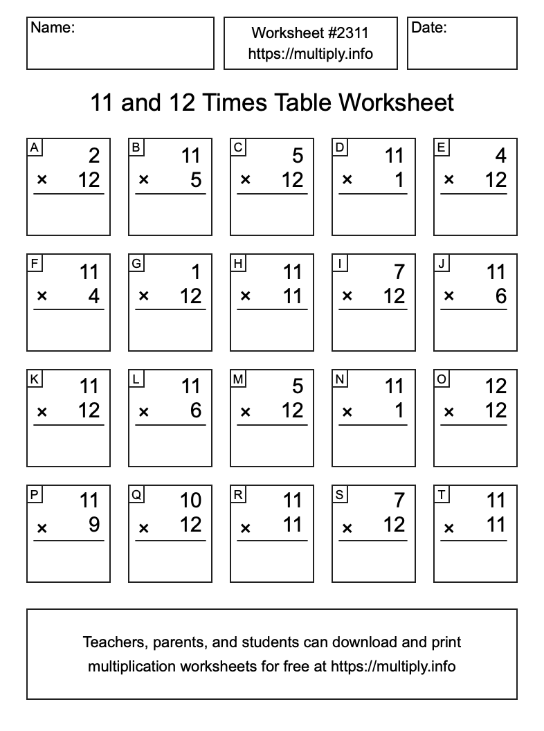 11 and 12 Times Table Worksheet #2311