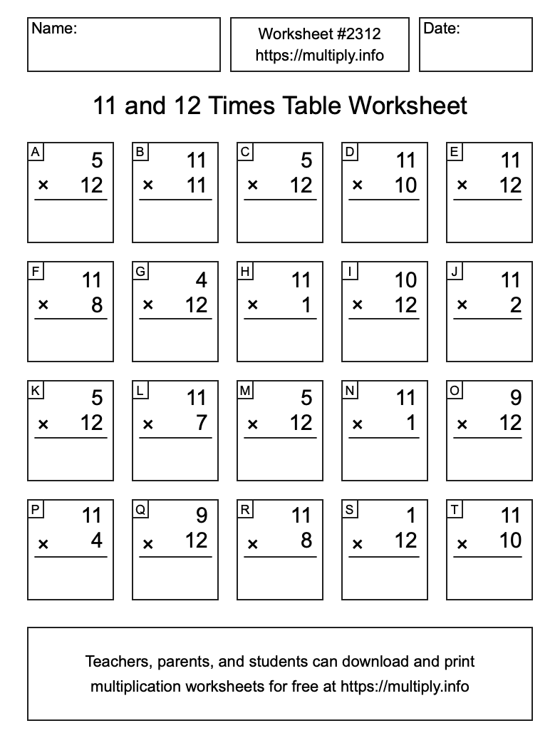 11 and 12 Times Table Worksheet #2312