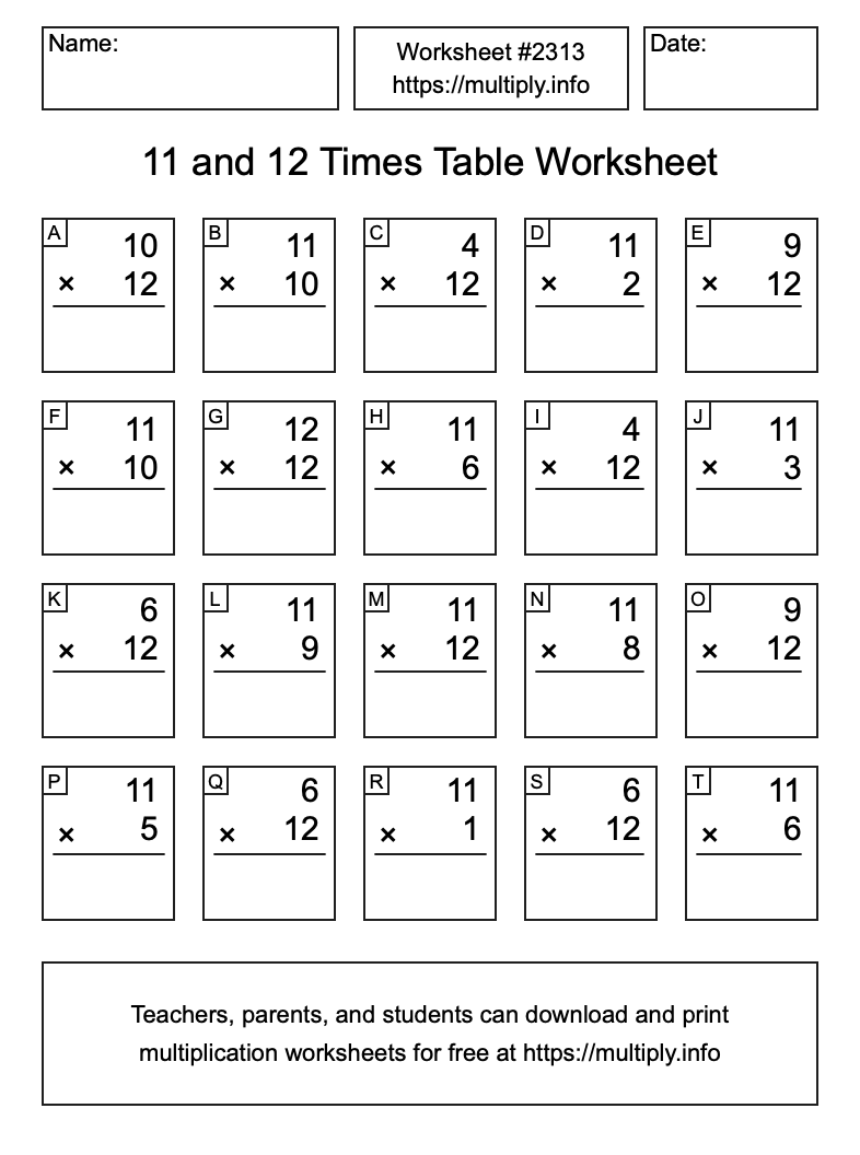 11 and 12 Times Table Worksheet #2313
