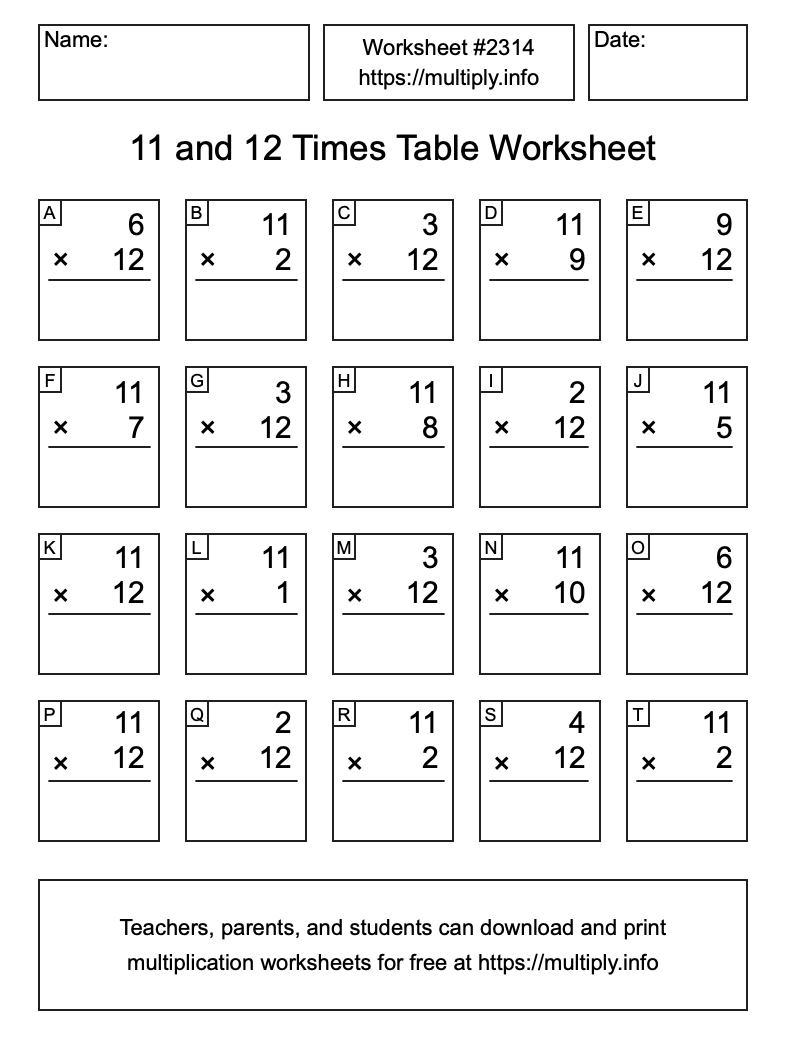 11 and 12 Times Table Worksheet #2314