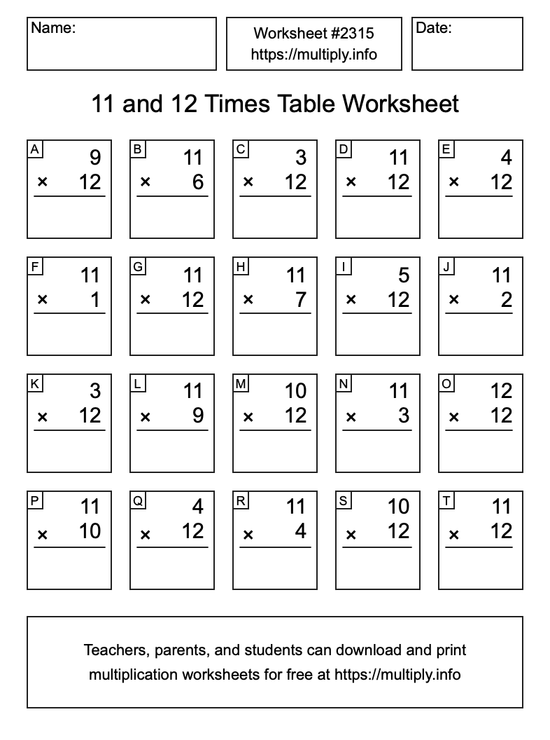 11 and 12 Times Table Worksheet #2315