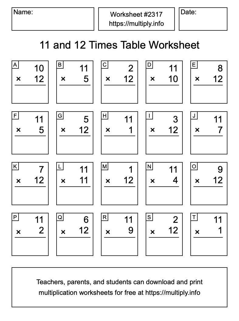 11 and 12 Times Table Worksheet #2317