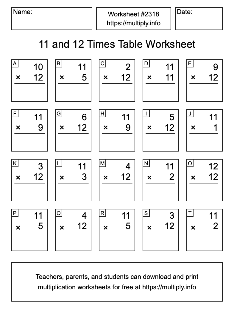 11 and 12 Times Table Worksheet #2318
