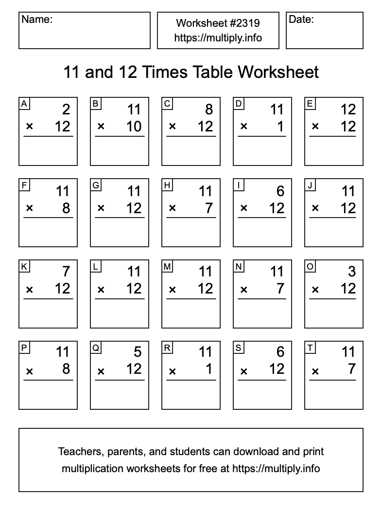 11 and 12 Times Table Worksheet #2319