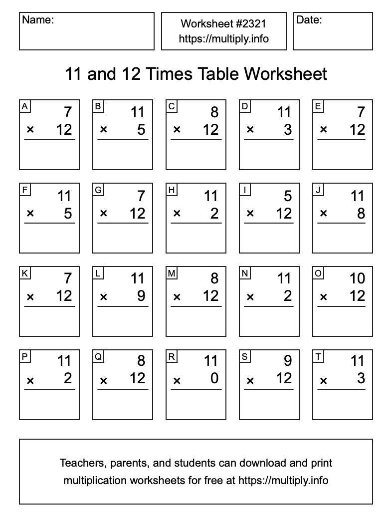 11 and 12 Times Table Worksheet #2321