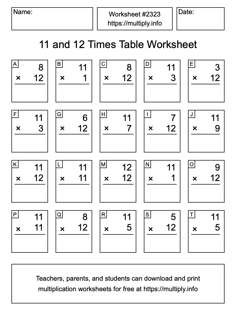 11 and 12 Times Table Worksheet #2323