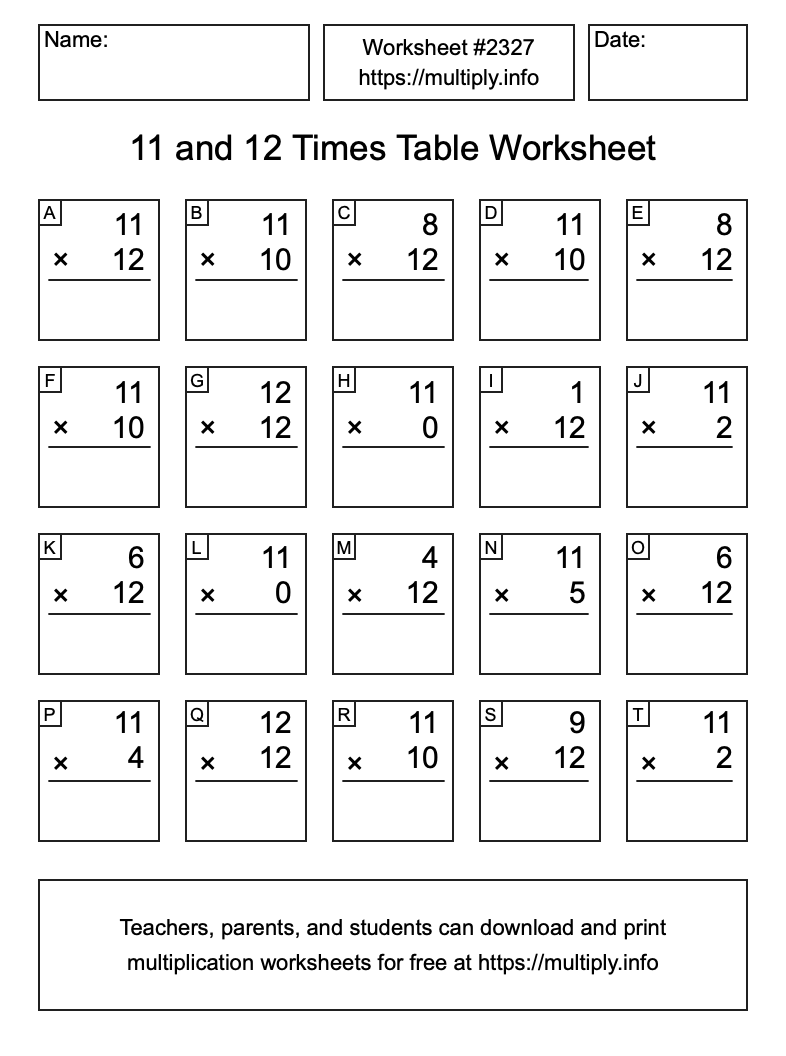 11 and 12 Times Table Worksheet #2327