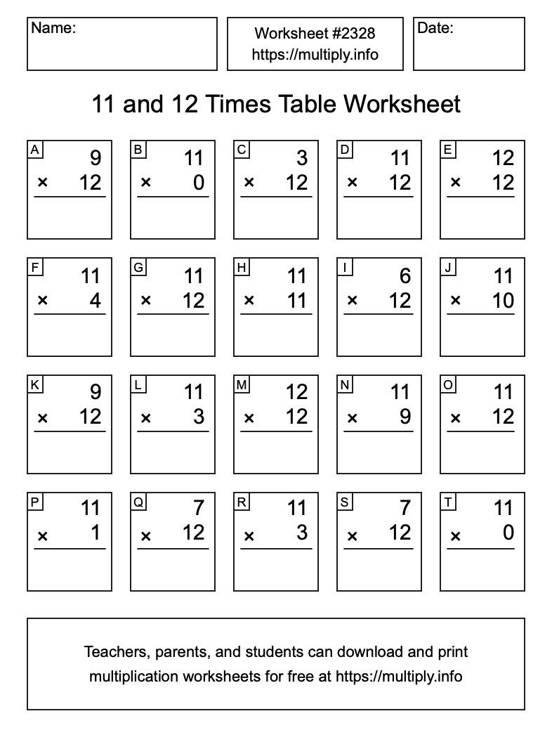 11 and 12 Times Table Worksheet #2328