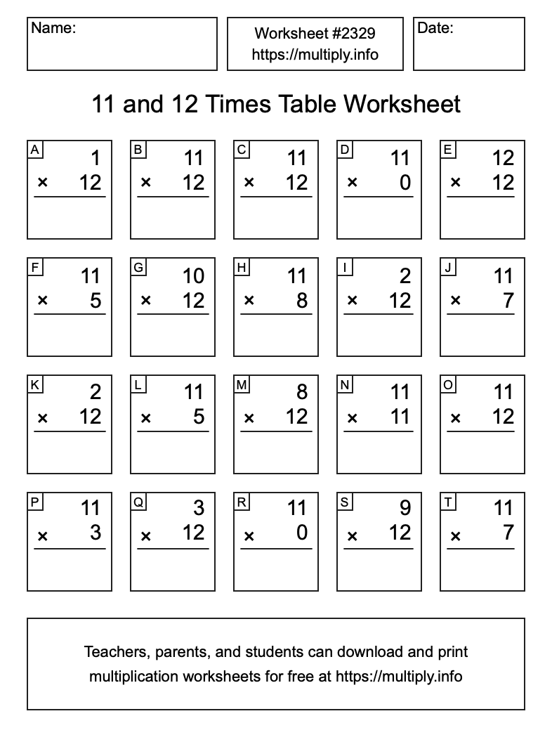 11 and 12 Times Table Worksheet #2329