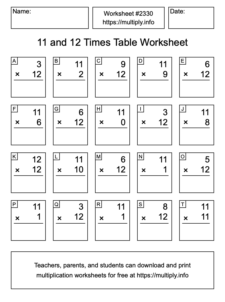 11 and 12 Times Table Worksheet #2330