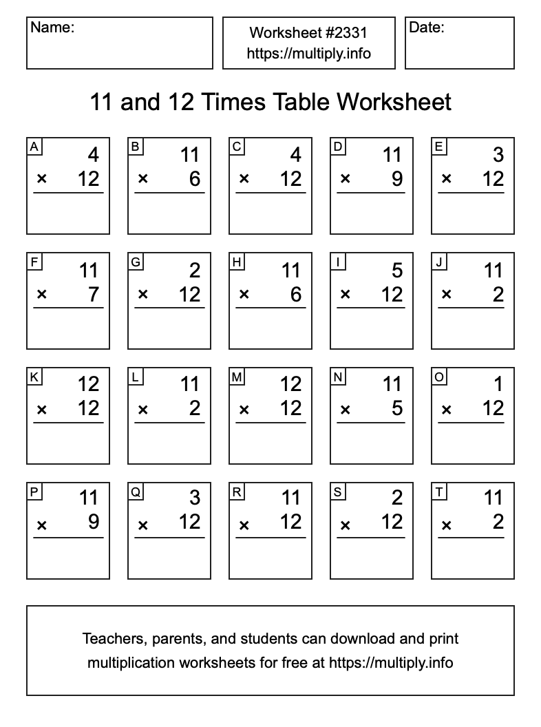 11 and 12 Times Table Worksheet #2331
