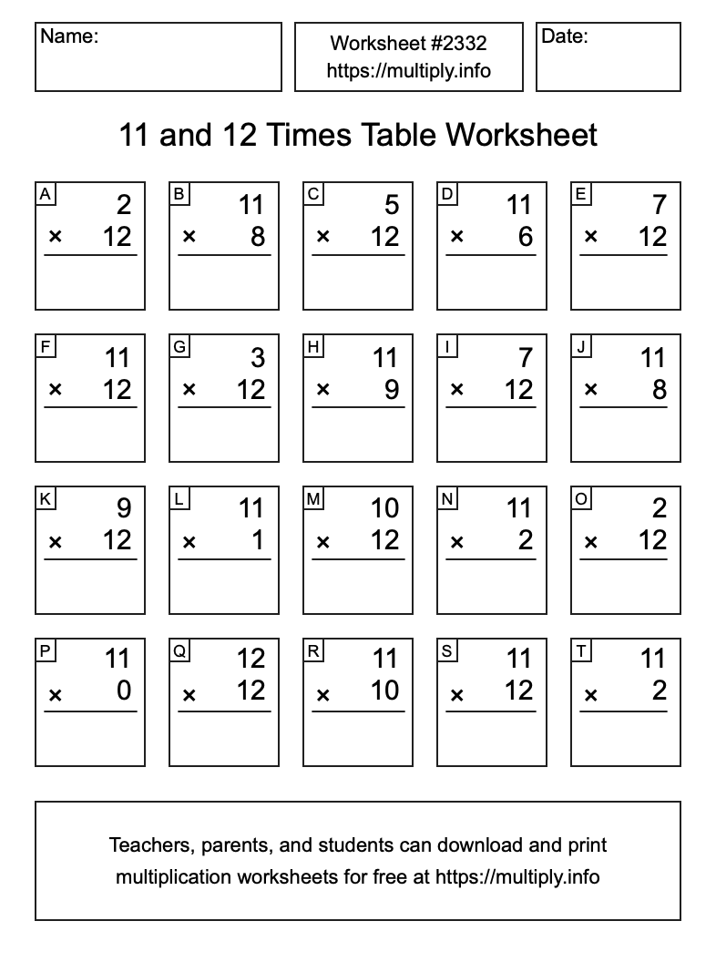11 and 12 Times Table Worksheet #2332