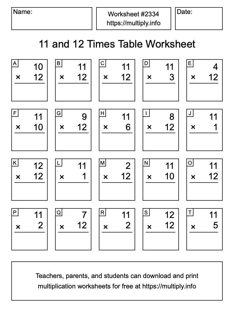 11 and 12 Times Table Worksheet #2334