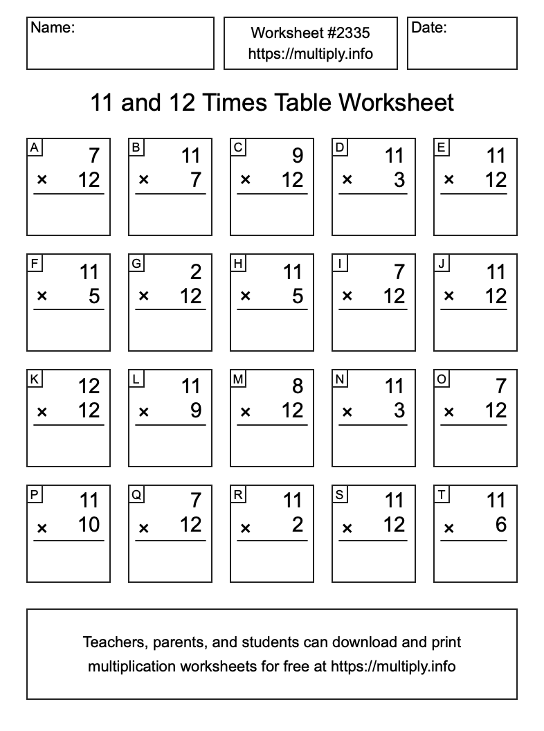 11 and 12 Times Table Worksheet #2335