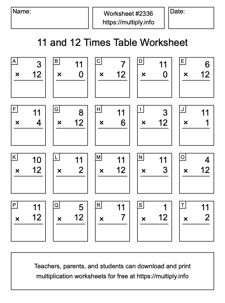 11 and 12 Times Table Worksheet #2336