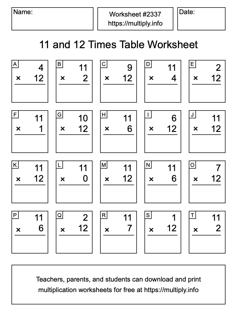 11 and 12 Times Table Worksheet #2337