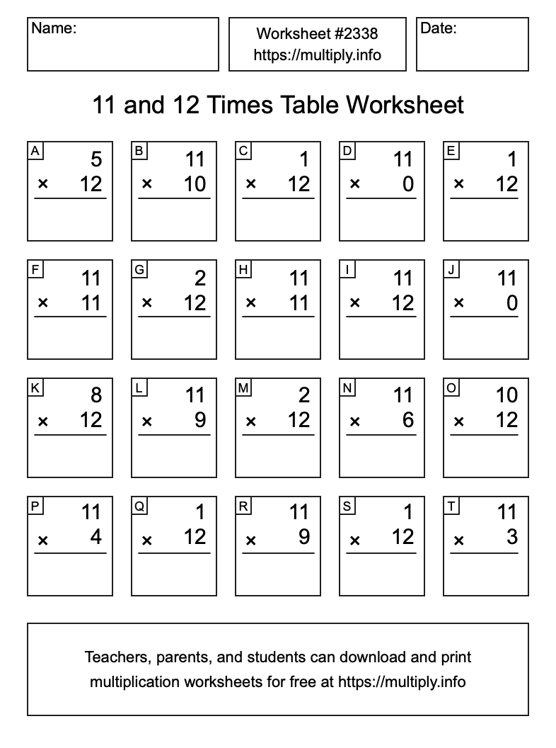 11 and 12 Times Table Worksheet #2338