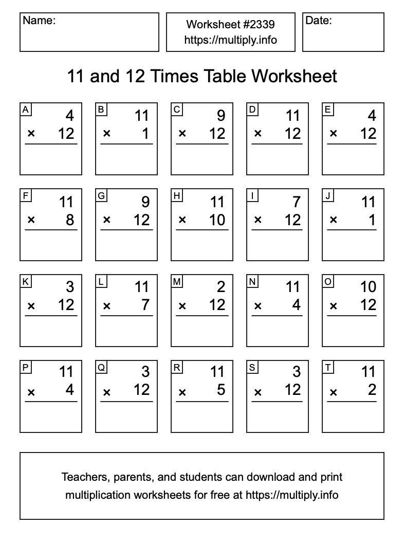 11 and 12 Times Table Worksheet #2339