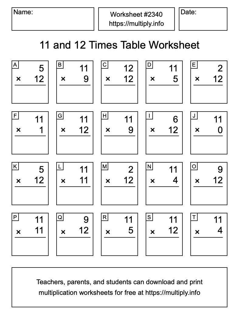 11 and 12 Times Table Worksheet #2340