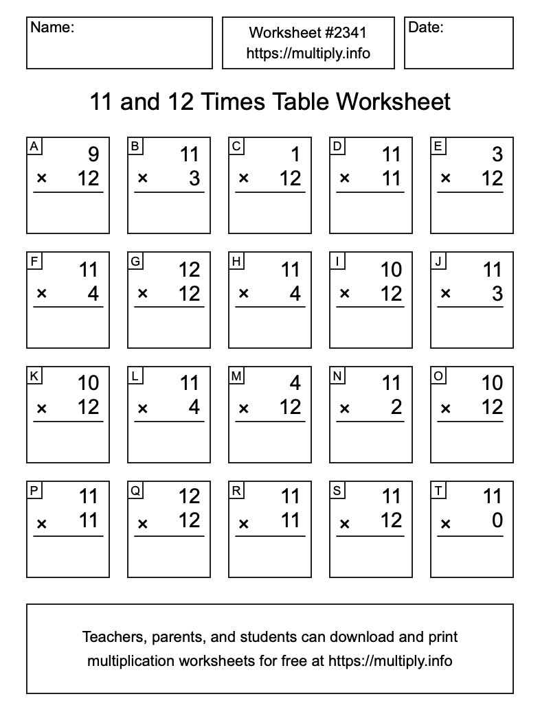 11 and 12 Times Table Worksheet #2341