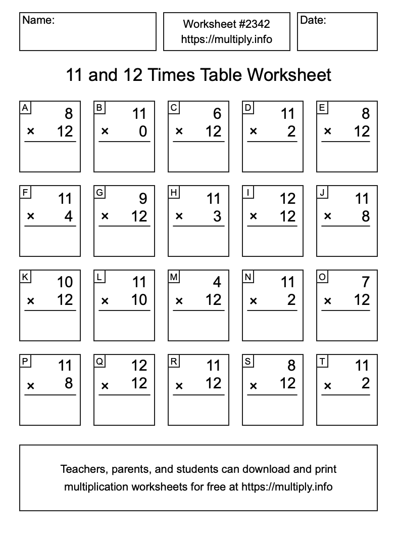 11 and 12 Times Table Worksheet #2342