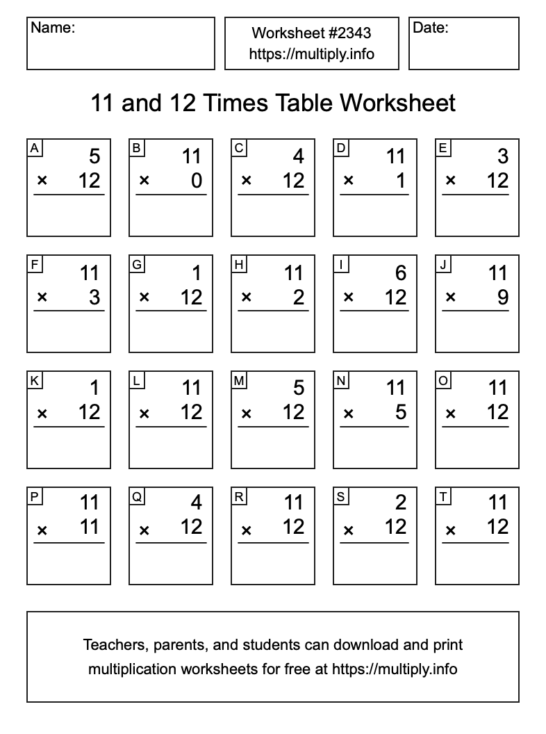 11 and 12 Times Table Worksheet #2343