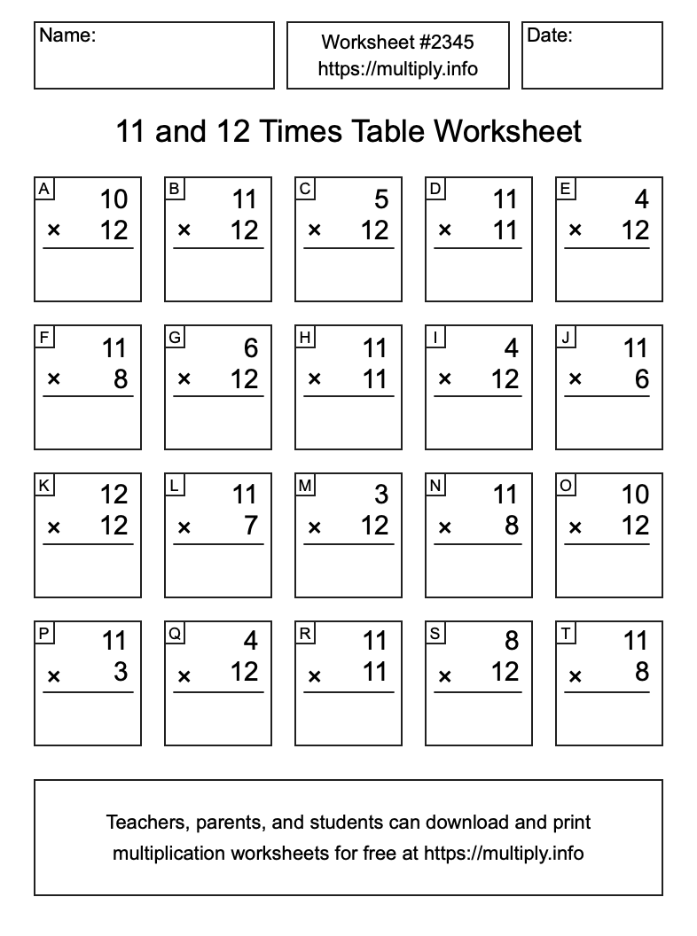 11 and 12 Times Table Worksheet #2345