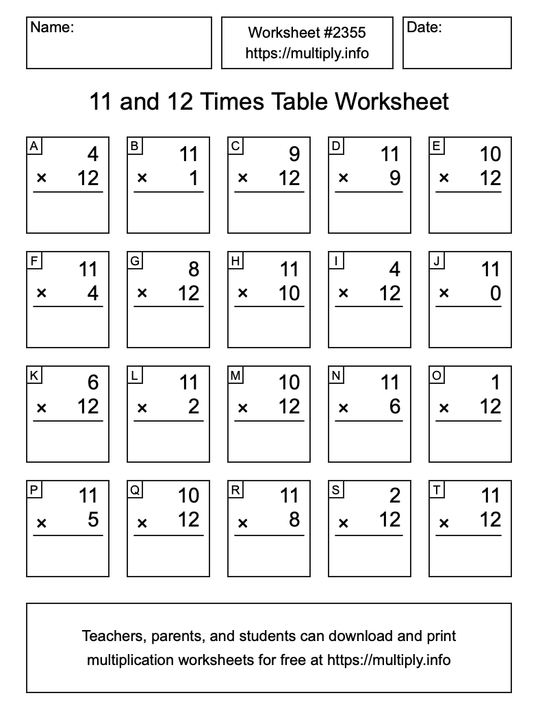 11 and 12 Times Table Worksheet #2355