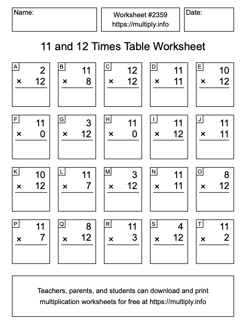 11 and 12 Times Table Worksheet #2359