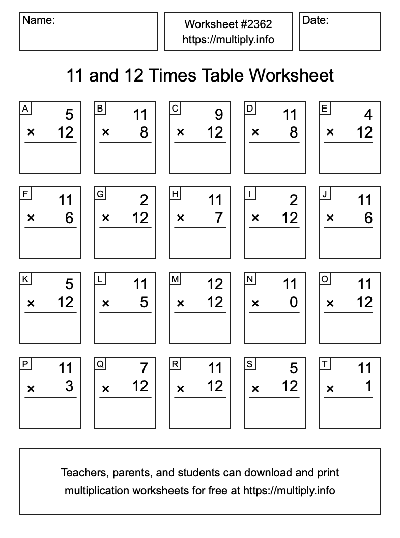 11 and 12 Times Table Worksheet #2362