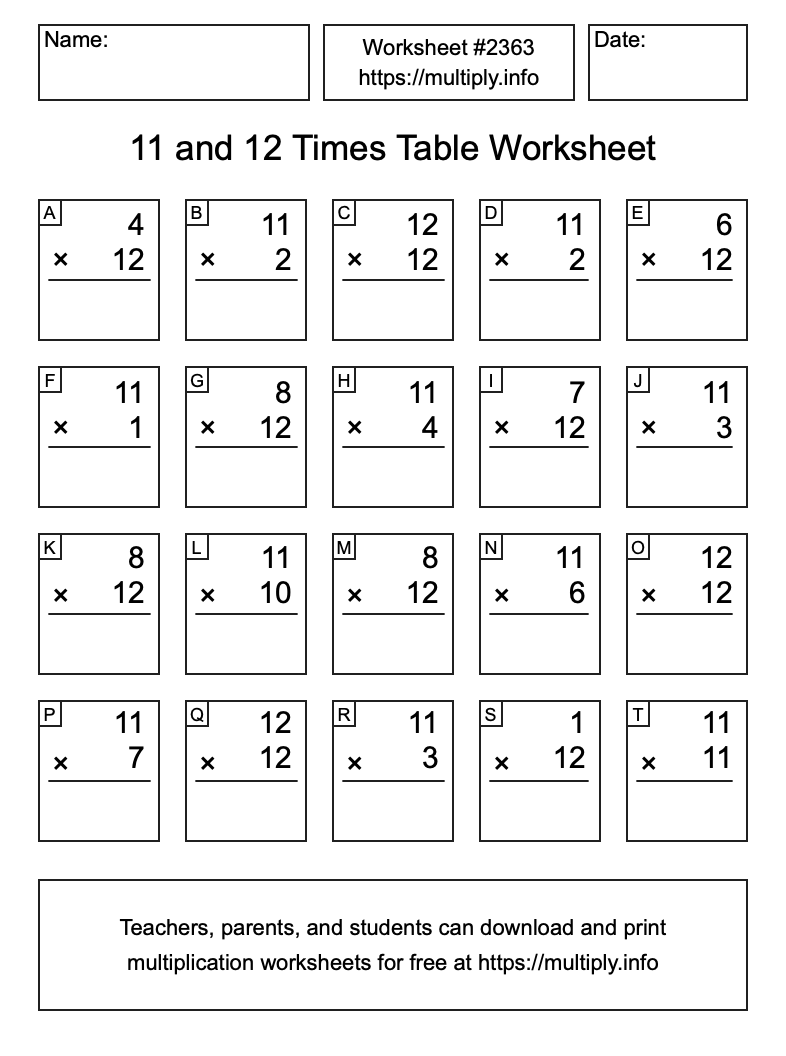 11 and 12 Times Table Worksheet #2363