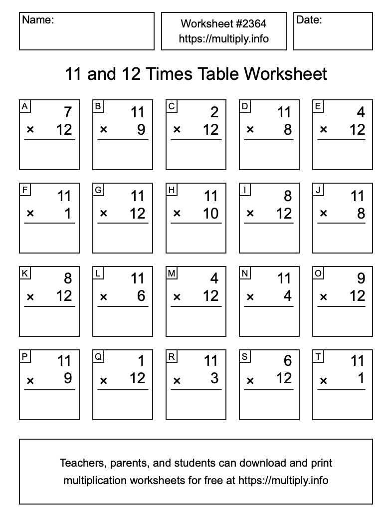 11 and 12 Times Table Worksheet #2364
