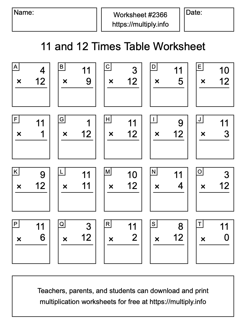 11 and 12 Times Table Worksheet #2366