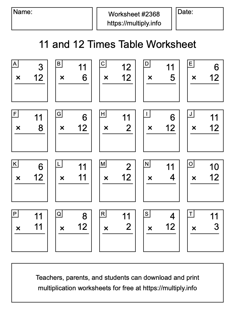 11 and 12 Times Table Worksheet #2368