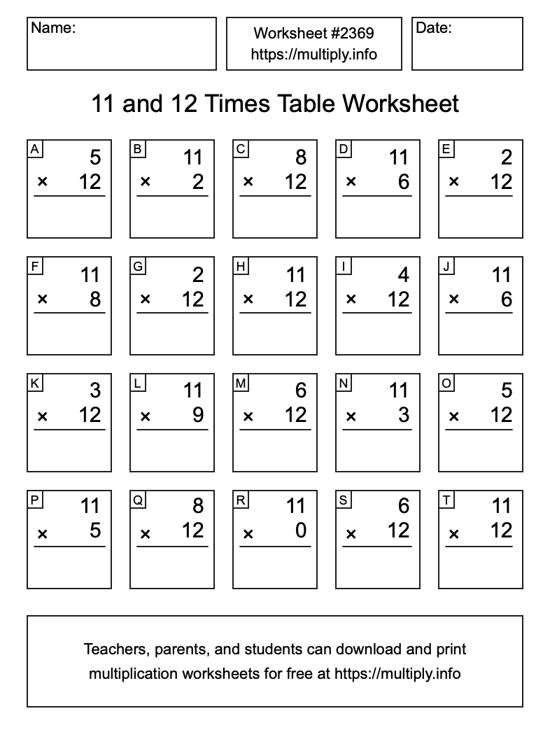 11 and 12 Times Table Worksheet #2369
