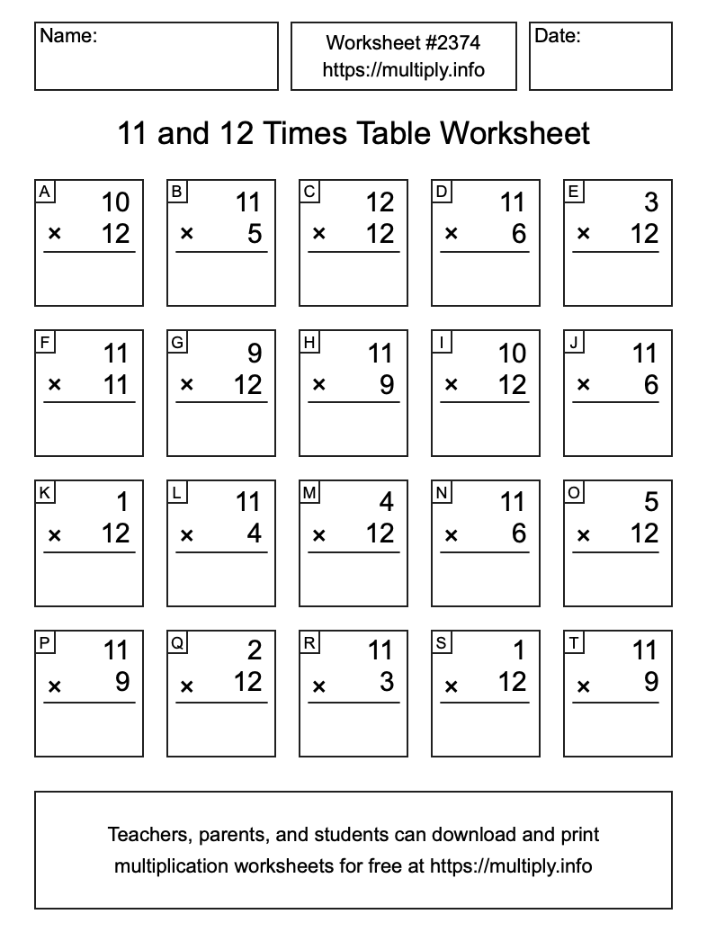 11 and 12 Times Table Worksheet #2374