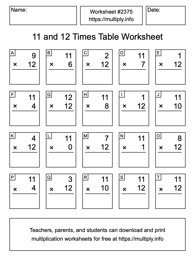 11 and 12 Times Table Worksheet #2375