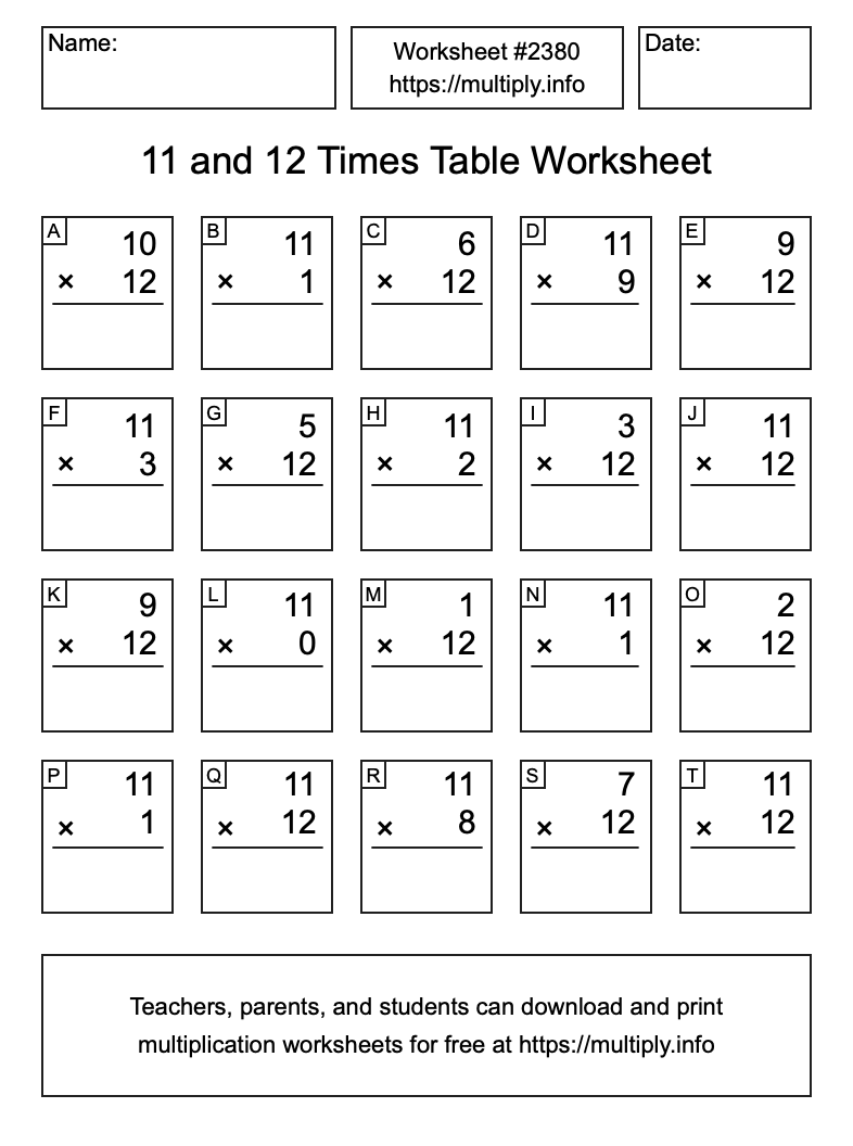 11 and 12 Times Table Worksheet #2380