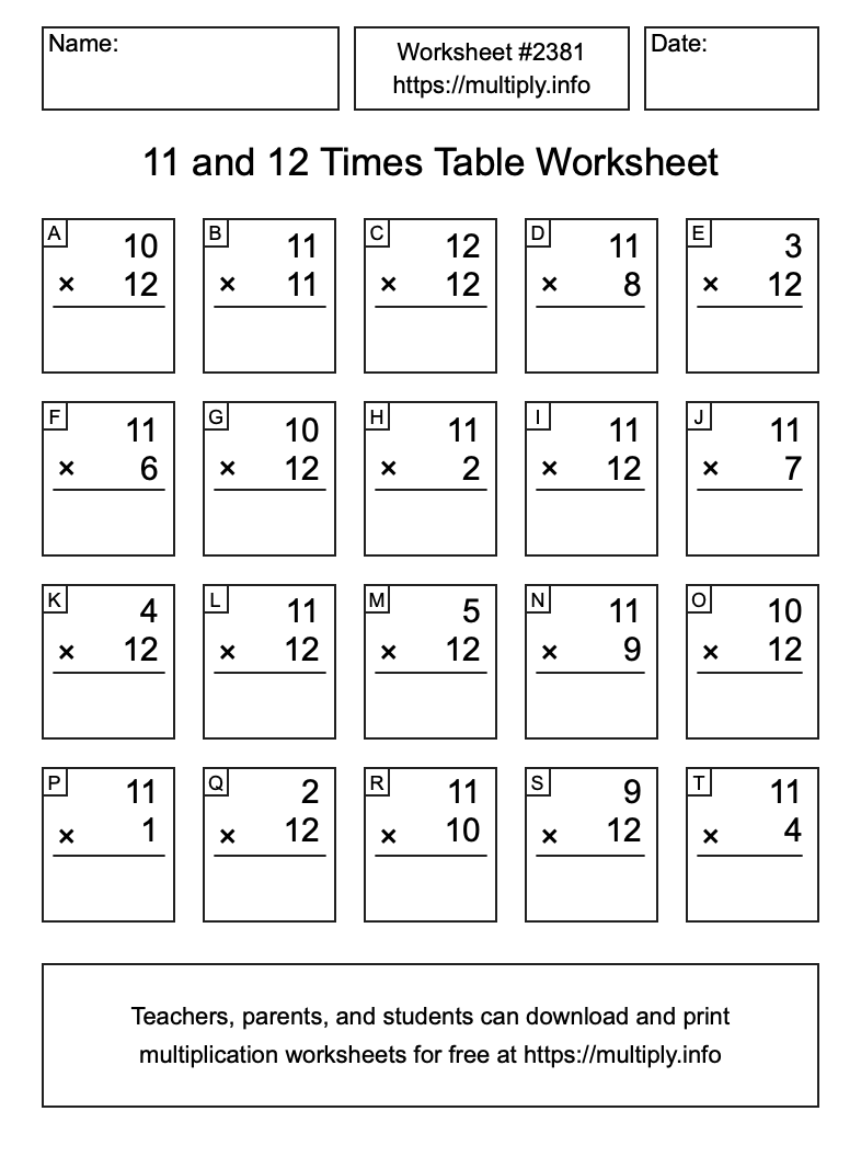 11 and 12 Times Table Worksheet #2381