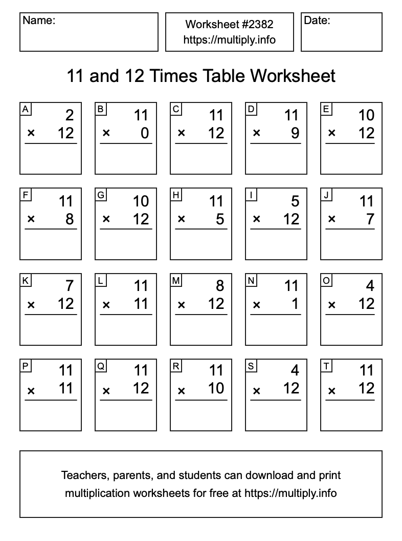 11 and 12 Times Table Worksheet #2382